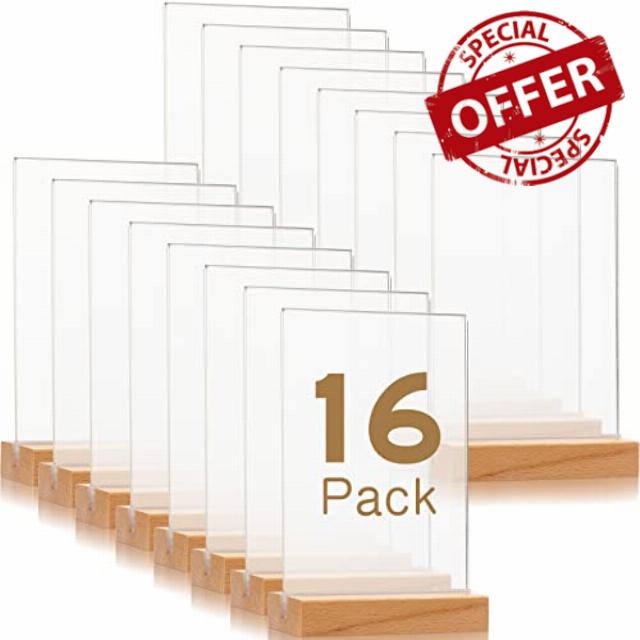 Vinsot 16 Pack 4 x 6 Inch Clear Acrylic Sign with Wood Base T Shape Sign Holder Vertical Blank Stands Desktop Display Plastic Menu Frame Double Sided Flyer Stand for Wedding Restaurant Party Deco