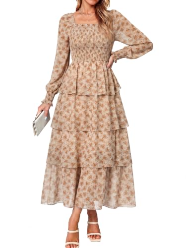 Simplee Womens Long Sleeve Floral Wedding Guest Dress Flowy Tiered Smocked Square Neck Fall Boho Maxi Dresses