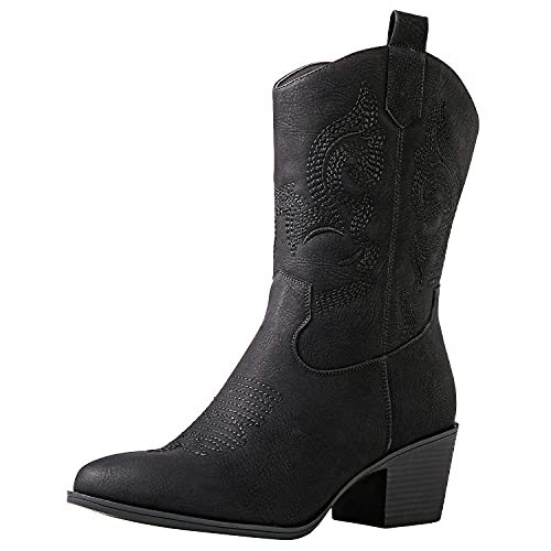 GLOBALWIN Women's Mid Calf The Western Cowgirl Boots Fashion Cowboy Boots For Women Chunky Low Heel