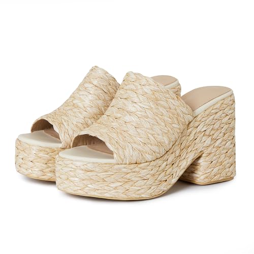 CYNLLIO Platform Sandals for Women Espadrilles Wedegs Heels Raffia Sandal Chunky Heeled Wicker Slides 2026 Summer Boho Shoes for Beach Vacatio