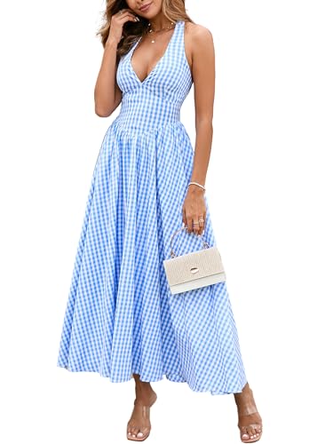 Parthea Women's Gingham Halter V Neck Midi Dress Corset Smocked Sundress Flowy A Line Wedding Guest Dresses