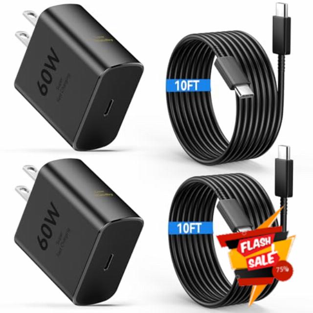 60W USB C Super Fast Charger Type C Android Phone Charger Fast Charging Block with 10ft USB-C to USB-C Cord Compatible with Samsung Galaxy S26 Ultra/S26/S26+/S25/S25 Ultra/S25+/S24