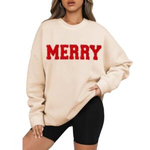 BOUTIKOME Merry Christmas Sweatshirts for Women Glitter Patch Merry Letter Shirts Chenille Patch Oversized Pullover Tops