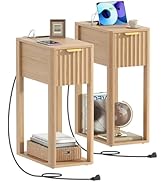 Akxomel Fluted Nightstands Set of 2, Wooden Night Stand with Charging Station and LED Light, Mode...