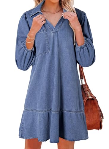 Dokotoo Denim Dress for Women Summer Casual Babydoll 2026 V Neck 3/4 Puff Sleeve Jean Dresses