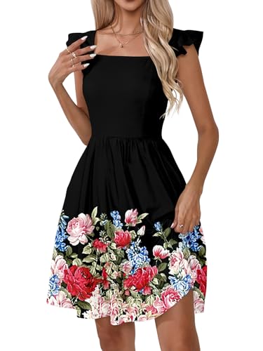 Naggoo Women's Summer Dresses Casual Square Neck Floral Sundress with Pockets A Line Flowy Beach Dress