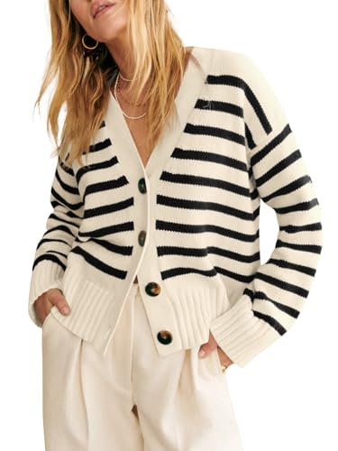 Saodimallsu Womens Striped Cardigan Sweaters V Neck Button Down Long Sleeve Open Front Ribbed Knit Outerwea