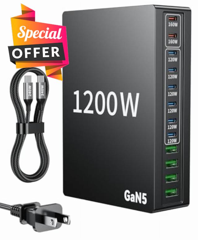 1200W USB C Charger Block.Fast MacBook Pro Charger Charging Station 12 Port 140W PD PPS AVS HUB for All iPhone 17 Pro Max/17 Air/16 SE/Samsung Galaxy 25/ MacBook Pro/Air/iPad Pro/240W Cable