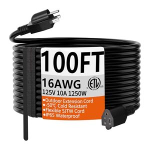 HUANCHAIN 100 FT 16 Gauge Black Indoor Outdoor Extension Cord Waterproof