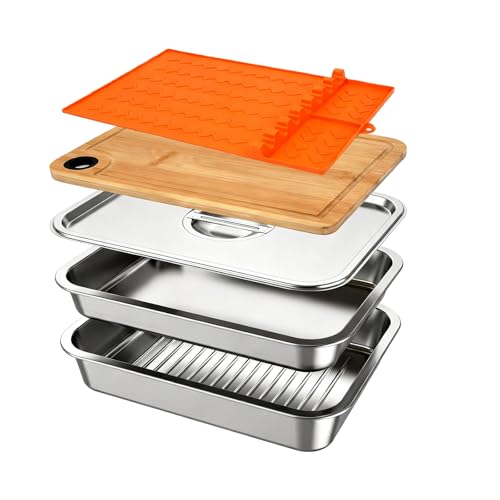 Set of 5 Stackable Stainless Steel BBQ Trays with Lid & Cutting Board & Silicone Mat