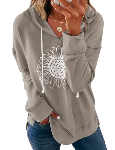 Ovanviso Women Sunflower Graphic Hoodies Long Sleeve Pullover Drawstring Sweatshirt Loose Fit Tunic Tops