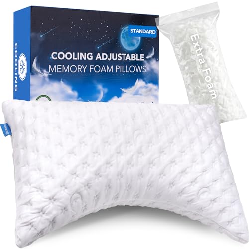 Luxury Shredded Memory Foam Curved Bed Pillows for Sleeping Set of 1- Adjustable Standard Size- Washable Cover Crescent White