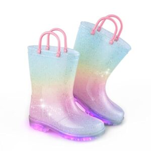 EUXTERPA Girls Glitter Light Up Waterproof Rain Boots Toddler Kids Rainbow Boots with Easy On Handles