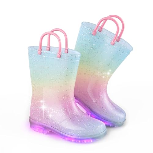 EUXTERPA Girls Glitter Light Up Waterproof Rain Boots Toddler Kids Rainbow Boots with Easy On Handles
