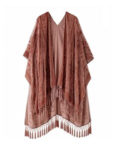 Women's Burnout Velvet Kimono Long Cardigan Cover Up With Tassel