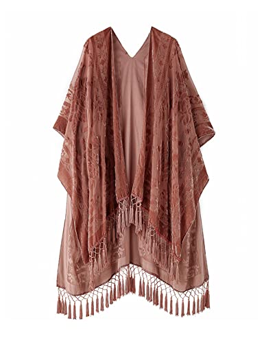 Women's Burnout Velvet Kimono Long Cardigan Cover Up With Tassel