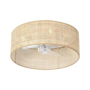 Enclosed Wicker Caged Rattan Cage Drum Low Profile Flush Mount Fandelier for Kitchen Nursery Bedroom Indoo