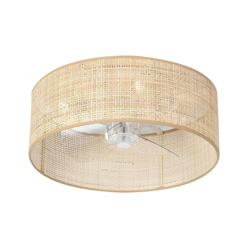 Enclosed Wicker Caged Rattan Cage Drum Low Profile Flush Mount Fandelier for Kitchen Nursery Bedroom Indoo