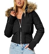 Megfie Womens Cropped Puffer Jacket Lightweight Winter Coats Quilted Jackets Faux Fur Trim Puffer...