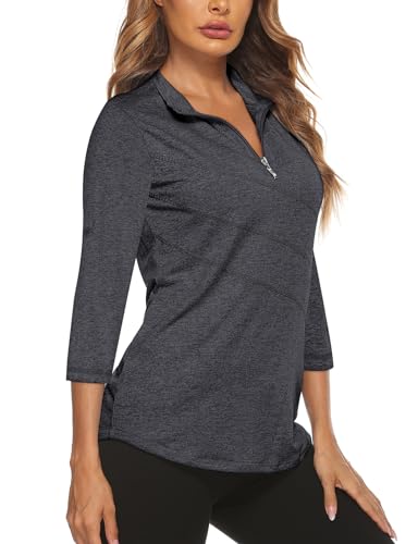 Koscacy Women's 3/4 Roll Sleeve Golf Tennis Polo Shirts UPF50+ Half Zip Dry Fit Workout Tops Athletic Shi