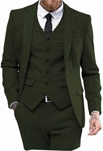 Mens Tweed Herringbone Wedding Suit Prom Tuxedos 3 Piece Peak Lapel Dress