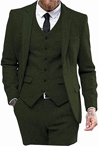 Mens Tweed Herringbone Wedding Suit Prom Tuxedos 3 Piece Peak Lapel Dress