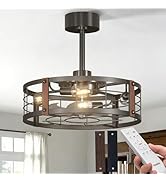 Passky 20" Farmhouse Flush Mount Ceiling Fans with Lights and Remote, Industrial White Caged Low ...