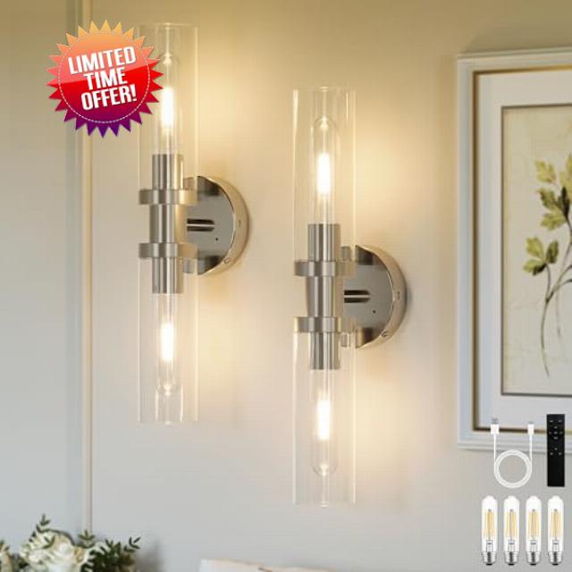 Rayogale Nickel Wireless Battery Operated Wall Sconce with Remote Control | Dimmable Rechargeable Wall Lights Set of 2