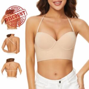 Low Back Bras for Women-Seamless Invisible Backless Bra-Lightly Lined Demi Multiway Bra No Show Low Cut Halter Bras