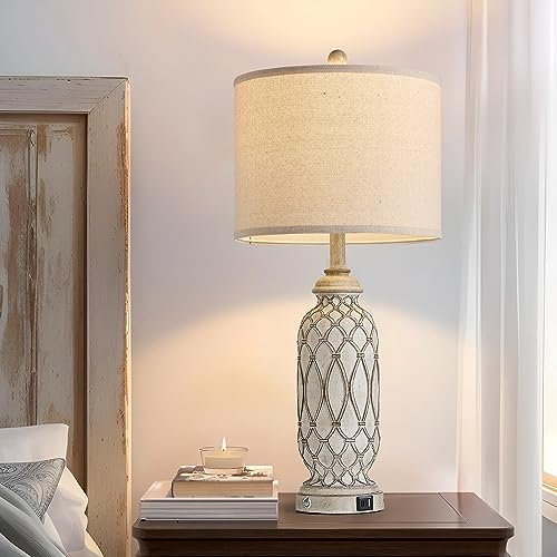 28" Rustic Bedside Lamp with USB Ports
