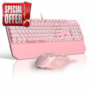 Retro Pink Typewriter-Style Keyboard and Mouse Combo