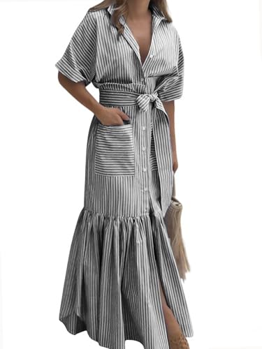 utcoco Women's 2026 Summer Casual Striped Button Down Maxi Dress Tie Waist Short Sleeve Shirt Dress with Pockets