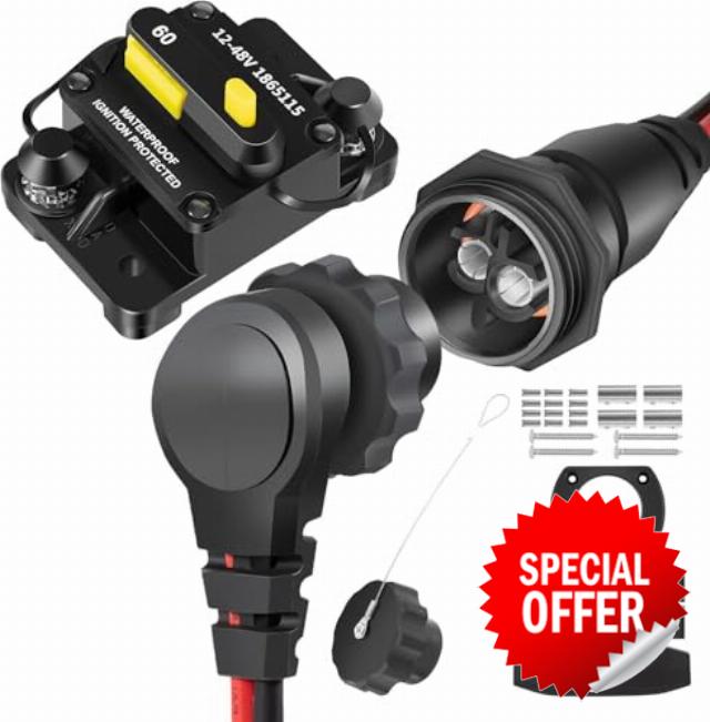 1865120 MKR-28 Trolling Motor Plug and Receptacle with 1865115 MKR-27 Circuit Breaker 60 AMP for 12V/24V/ 36V/48V Trolling Motor Freshwater and Saltwate