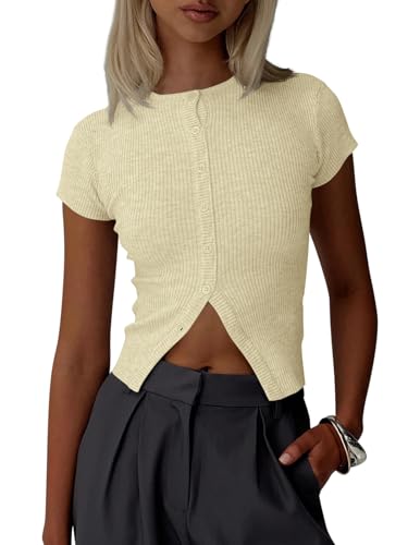 Imily Bela Womens Short Sleeve Sweater Tops Summer Button Down Casual Ribbed Knit Slim Fit Cropped Cardigan Shirts