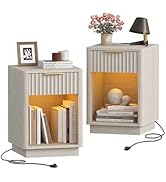 Akxomel Fluted Nightstands Set of 2, Wooden Night Stand with Charging Station and LED Light, Mode...