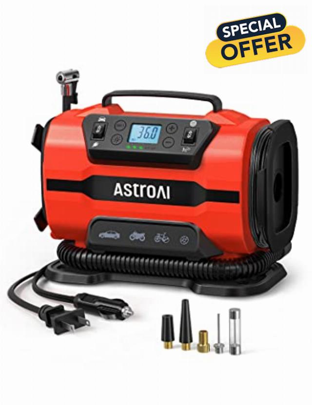AstroAI Tire Inflator Portable Air Compressor Pump 150PSI 12V DC/110V AC with Dual Metal Motors&LED Light