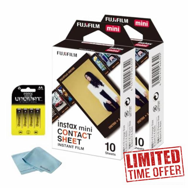 FUJIFILM Instax Mini Contact Sheet Instant Film (20 Shots) + 4 AA Batteries + BluebirdSales Microfiber Cleaning Cloth – Creative Photography Bundle (20 Shots Contact Sheet)