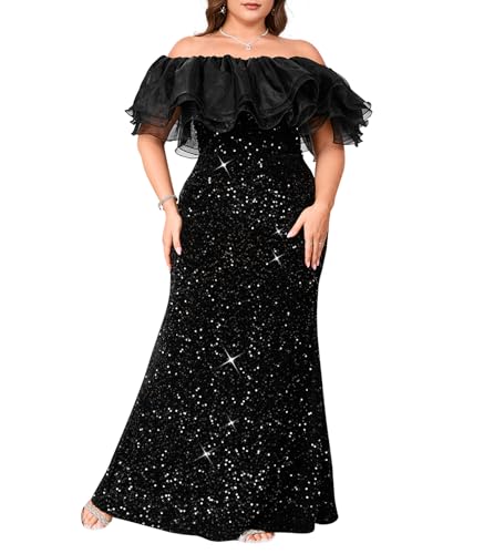 dasmzper Elegant Sequin Off Shoulder Evening Gown for Women Plus Size – Sparkly Ruffle Formal Dress for Wedding Guest