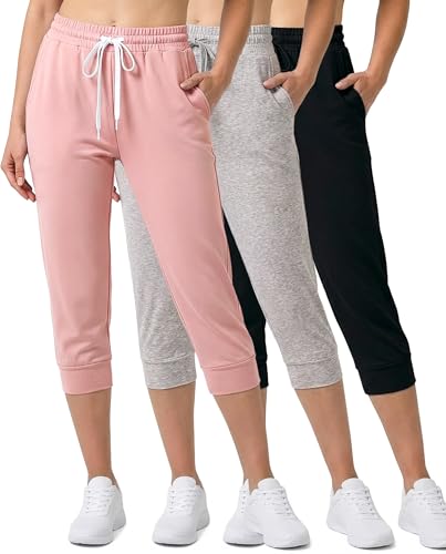 Real Essentials 3-Pack: Women's Ultra Soft Lounge Capri Joggers Sweatpants Athletic Yoga with Pockets(Available in Plus Size)