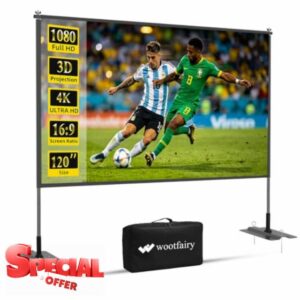 Wootfairy 120inch Projector Screen with Stand: Portable Wrinkle-Free Screen | Foldable 16:9 4K Front Rear Projection Movie Screen with Carry Bag for Indoor Outdoor Family Sports Game Day Viewing Camping
