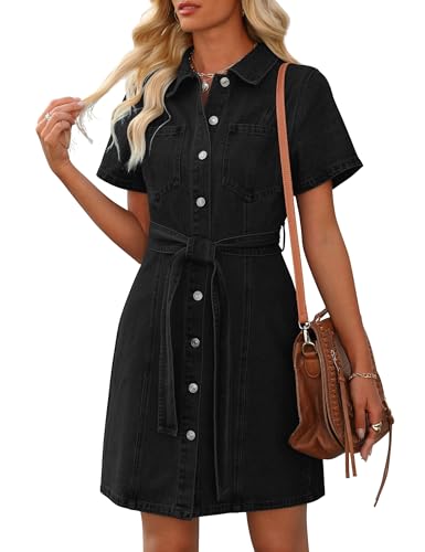 Women's Denim Dress Short Sleeve Jean Dress Denim Shirt Dresses Western Cowgirl Country Outfits with Pocket 2026