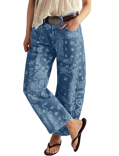 loveimgs Women Boyfriend Baggy Barrel Jeans Floral Print Denim Ankle Pants Wide Leg Mid Rise Jeans Sweatpants Y2k Patchwork