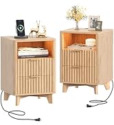Akxomel Fluted Nightstands Set of 2, Wooden Night Stand with Charging Station and LED Light, Mode...