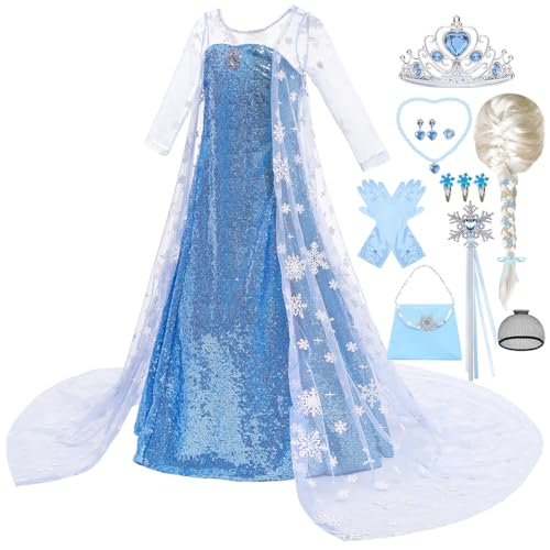 Princess Blue Dress for Girls Kids Sequin Costume Halloween Birthday Party Dress Up With Accessories