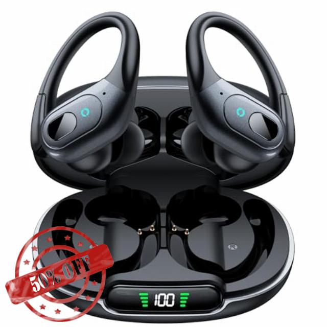 occiam Active Noise Cancelling Earbuds Wireless Bluetooth Headphones Ear Buds 90Hrs Playback Stereo Bass Earphones with Mic Over-Ear Hooks IPX7 Waterproof Headset for Work Sports Running Black
