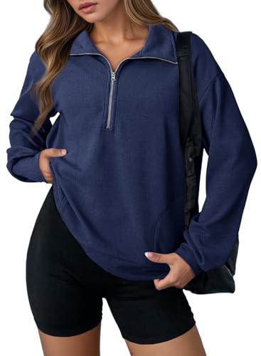 Dokotoo Womens Sweatshirt Waffle Knit Long Sleeve Lapel Half Zip Up Casual Lightweight Soft Sweatshirts Loose Pullover Tops
