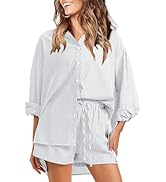 EXLURA Women's 2 Piece Outfits Casual Long Sleeve Button Down Shirts Lounge Matching Short Sets S...
