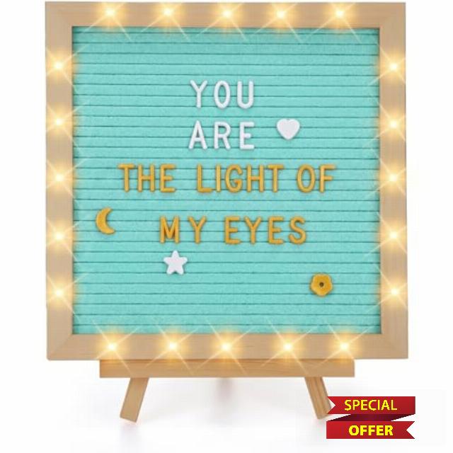 Changeable Felt Letter Board with LED Lights - 10×10" Message Custom Signs & Wood Stand & 450 Letters