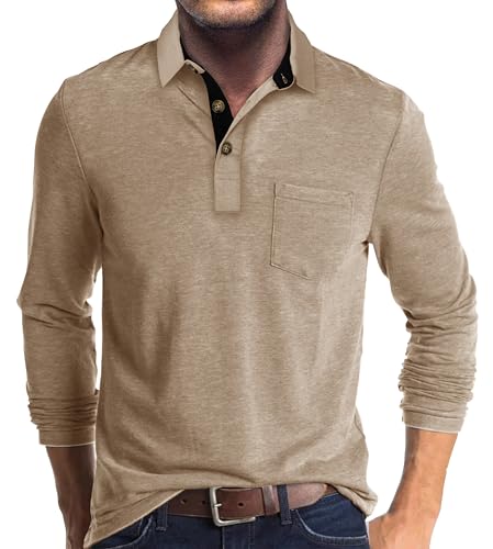 Mens Long Sleeve Polo Shirts Casual Fashion Button Up Collared Golf T Shirts with Pocke