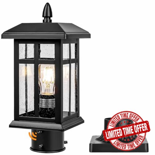 Brilvibera Dusk to Dawn Black Outdoor Post Light Fixture Electric Hardwired | Pole Lamp with Pier Mount